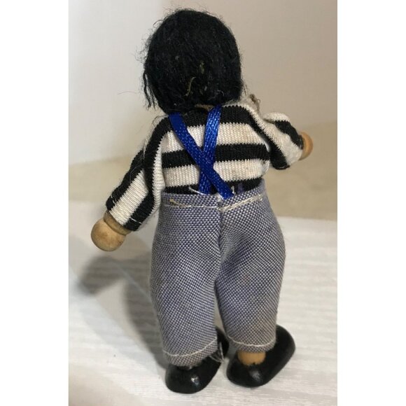 Wooden Doll With Striped Shirt & Overalls 3.75" Blue Eyes, Black Shoes - Picture 4 of 5